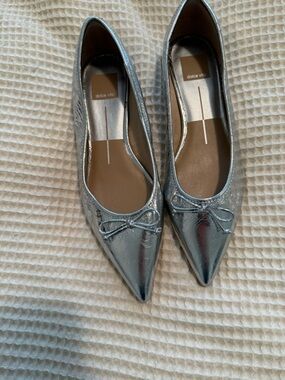 Dolce Vita Metallic Silver Pointed-Toe Ballet Flats with Bow